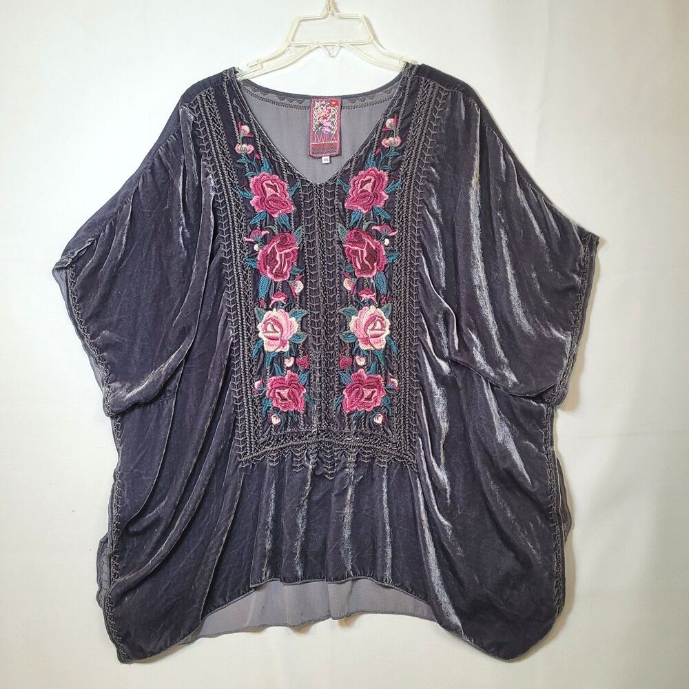 JOHNNY WAS JWLA Tilda Velvet Silk Embroidered Tunic Poncho in Gunsmoke - Size XS
